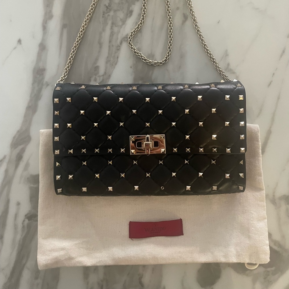 Valentino black purse ROCKETED SPIKE NAPPA LEATHER CROSSBODY CLUTCH BAG